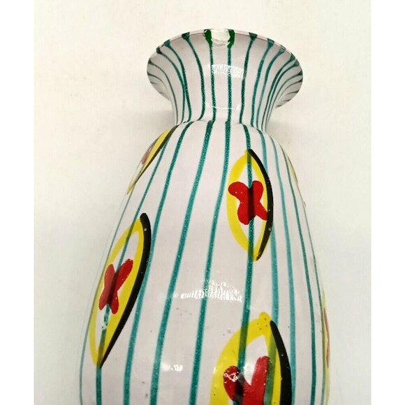Vtg Italian Pottery Turquoise Stripe Fun Abstract MCM 6" Terracotta Vase #566 - Picture 6 of 8